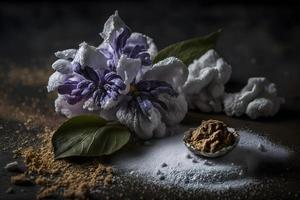 hecho en casa y sabroso frito lila flor con en polvo azúcar comida fotografía foto