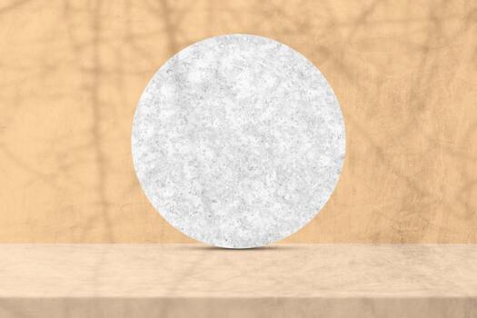 Stucco Table and Circle Marble Partition with Nature Shadow on Brave Ground Brown Concrete Wall Texture Background, Suitable for Cosmetic Product Presentation Backdrop, Display, and Mock up. photo