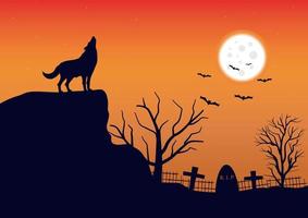 Lobos clamoroso en el cementerio a noche, vector ilustración.