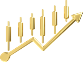 guld metall finansiell Diagram enkel ikon. 3d ekonomisk Graf tecken med pil upp trend. stock utbyta symbol. företag investering. kvalitet design element png