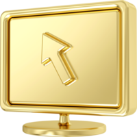 Gold metal square screen icon. 3d gold computer screen with cursor mouse, 3d rendering png