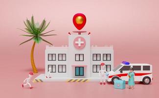 Hospital building and doctor with Stick man and medical equipment and pin in pink composition ,Concept 3d illustration or 3d rendering photo