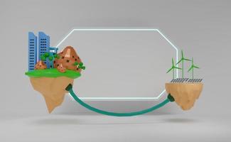 Country house uses power plant station on floating island with solar panels and wind turbines in room ,Learning clean energy concept ,Low polygon design ,3d illustration or 3d rendering photo