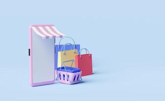 mobile phone or smartphone with store front,colorful shopping paper bags,shopping basket isolated on blue background,franchise business or online shopping concept,3d illustration or 3d render photo