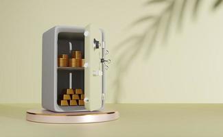 Rose color podium with safe box full of coins stack and gold bar in beige background ,business banking concept ,3d illustration or 3d rendering photo