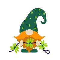 A cute gnome holds a garland with clover leaves in his hands. Elf with red beard and mustache. Irish dwarf in a stocking cap for good luck. Symbol of St. Patrick's Day. Clipart isolated on white vector