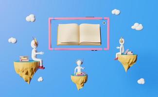 Stick man and Floating island with book and Mobile phone in blue background ,education application learning concept ,3d illustration or 3d rendering copy space photo