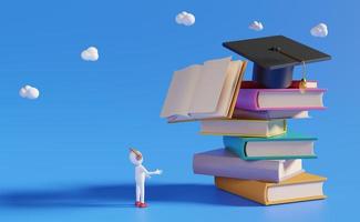 Stick man with book and graduation hat in blue background ,achieve goals and success concept ,3d illustration or 3d rendering copy space photo