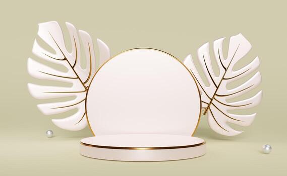 Rose color podium with leaf monstera and geometric shapes empty in beige composition for modern stage display ,abstract showcase background ,Concept 3d illustration or 3d rendering photo