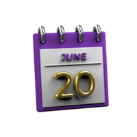 Monthly Calendar 20 June 3D Rendering png