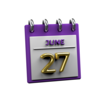 Monthly Calendar 27 June 3D Rendering png