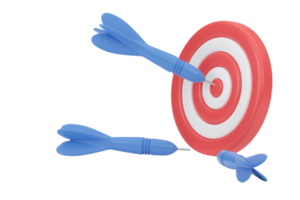 3d rendering Blue darts hitting the success target. Arrow hit the center of target. Business goal and achievement concept. Business target achievement concept. 3d render png