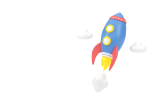 3d render Flying space rocket. and clouds. Launch business product on market. Spaceship and copy space for text. Business startup concept. 3D rendering. png