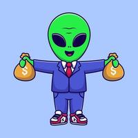 Cute Alien Businessman Holding Money Bag Cartoon Vector Icons Illustration. Flat Cartoon Concept. Suitable for any creative project.