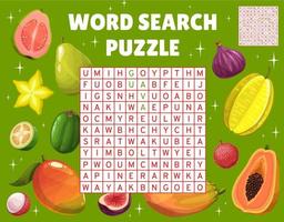 Tropical raw fruits word search game worksheet vector