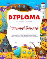 Kids diploma cartoon underwater landscape, frame vector