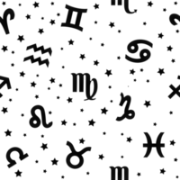 eben Hintergrund mit Zeichen von das Tierkreis. Astrologie nahtlos Muster mit Tierkreis Zeichen im schwarz png