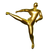 3d render ouro stickman - karatê pose, executar uma chutando posição dentro a meio do a corpo png