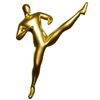 3d render ouro stickman - karatê chutando pose com pernas às cabeça altura png