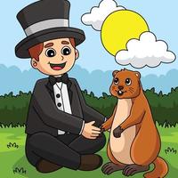 Man Holding Groundhog Colored Cartoon Illustration vector