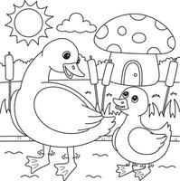 Spring Mother Duck and Duckling Coloring Page vector