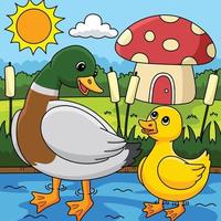 Spring Mother Duck and Duckling Colored Cartoon vector