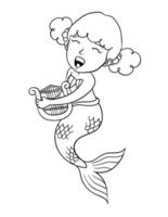 Mermaid Playing Harp Isolated Coloring Page vector