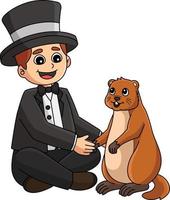 Man Holding Groundhog Cartoon Colored Clipart vector