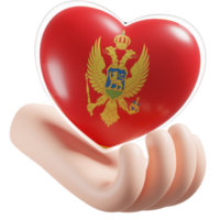 Montenegro vlag met hart hand- zorg realistisch 3d getextureerde png