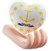 Rhode Island flag with heart hand care realistic 3d textured png