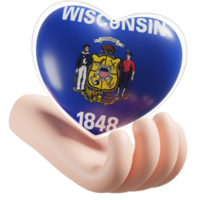 Wisconsin flag with heart hand care realistic 3d textured png