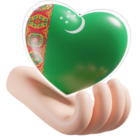 turkmenistan vlag met hart hand- zorg realistisch 3d getextureerde png