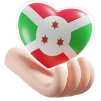 Burundi bandeira com coração mão Cuidado realista 3d texturizado png