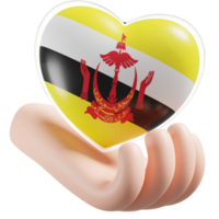 Brunei flag with heart hand care realistic 3d textured png