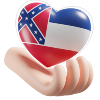 Mississippi drapeau avec cœur main se soucier réaliste 3d texturé png