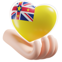 Niue flag with heart hand care realistic 3d textured png