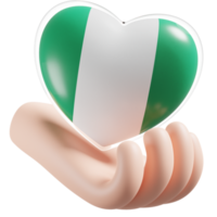 Nigéria bandeira com coração mão Cuidado realista 3d texturizado png