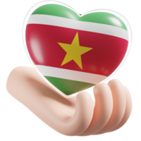 Suriname flag with heart hand care realistic 3d textured png