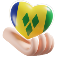 Saint Vincent and the Grenadines flag with heart hand care realistic 3d textured png