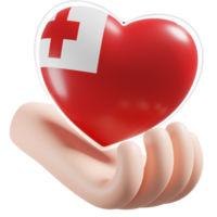 Tonga flag with heart hand care realistic 3d textured png
