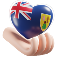 Turks and Caicos Islands flag with heart hand care realistic 3d textured png
