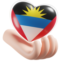 antigua en Barbuda vlag met hart hand- zorg realistisch 3d getextureerde png