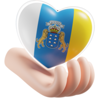 Canary Islands flag with heart hand care realistic 3d textured png