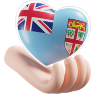 Fidji drapeau avec cœur main se soucier réaliste 3d texturé png