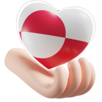 Greenland flag with heart hand care realistic 3d textured png