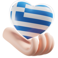 Grecia bandera con corazón mano cuidado realista 3d texturizado png