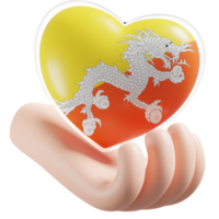 Bhutan flag with heart hand care realistic 3d textured png