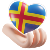 Aland flag with heart hand care realistic 3d textured png