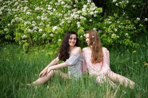 dos joven muchachas en vestidos son sentado en el verde césped debajo un blanco árbol y riendo foto