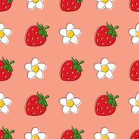 Seamless pattern with strawberries and daisies on delicate pink, peach background vector